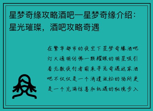 星梦奇缘攻略酒吧—星梦奇缘介绍：星光璀璨，酒吧攻略奇遇